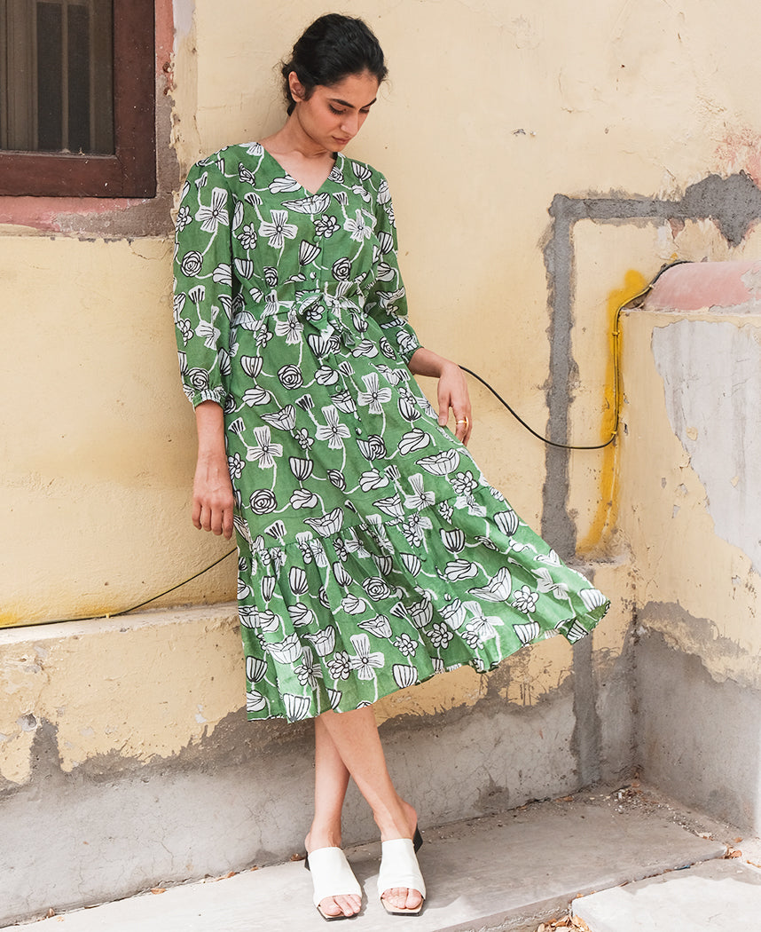 slim fit dress slacks Khajoor Studio Fern Green Bageecha Botanical Vine Button Down Dress