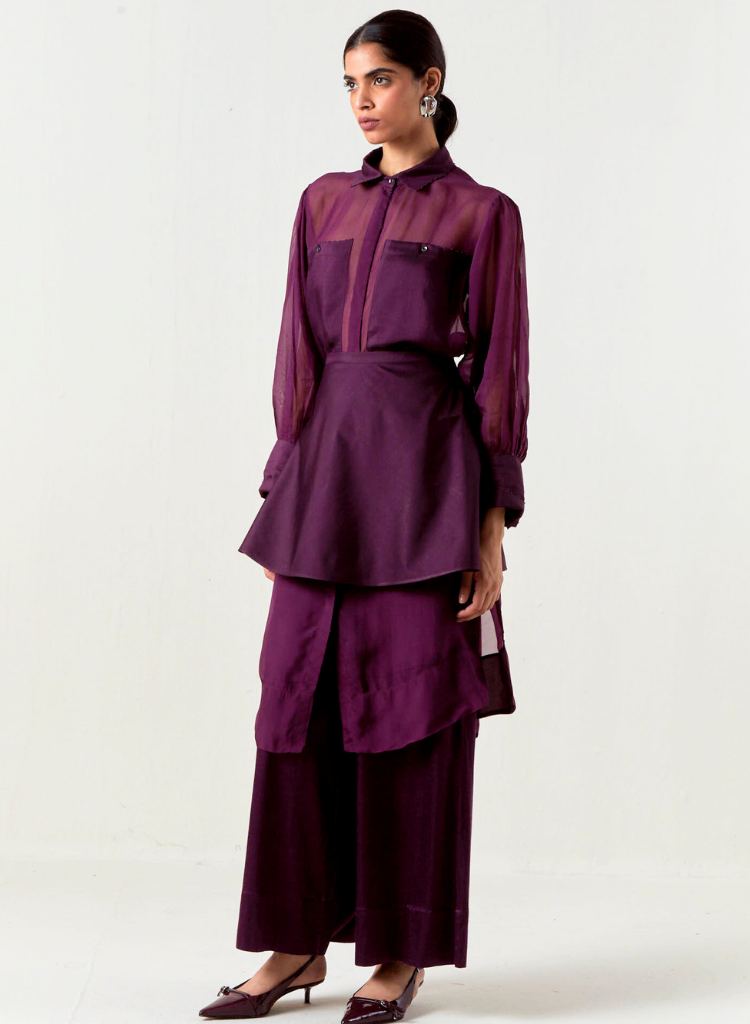 Beaded Collar Sheer Shirt Set