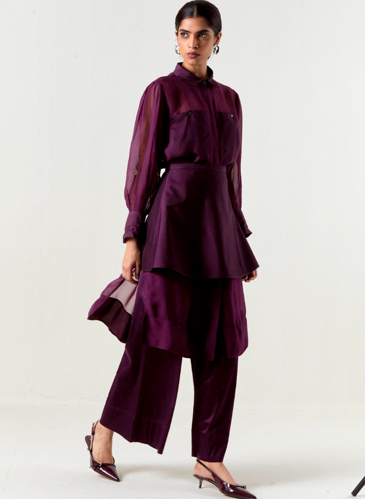 Beaded Collar Sheer Shirt Set