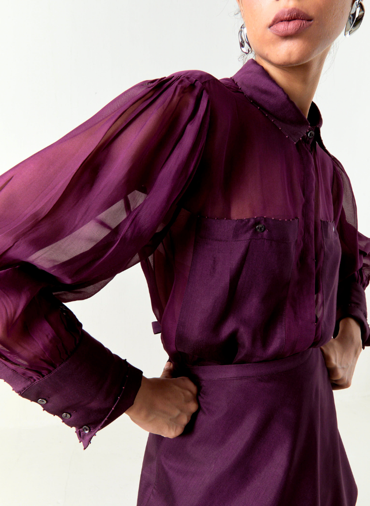 Beaded Collar Sheer Shirt Set