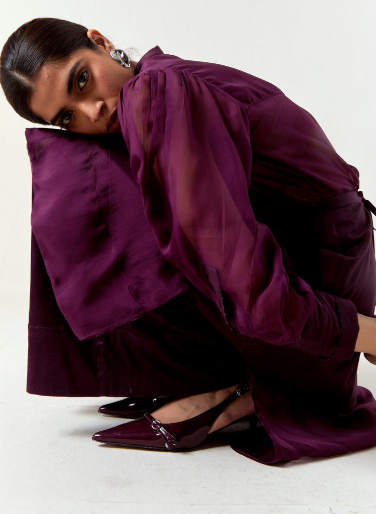 Beaded Collar Sheer Shirt Set