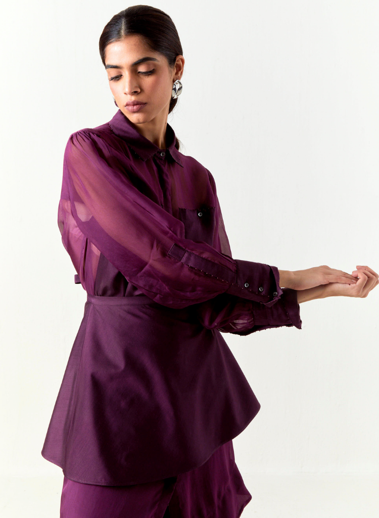 Beaded Collar Sheer Shirt Set