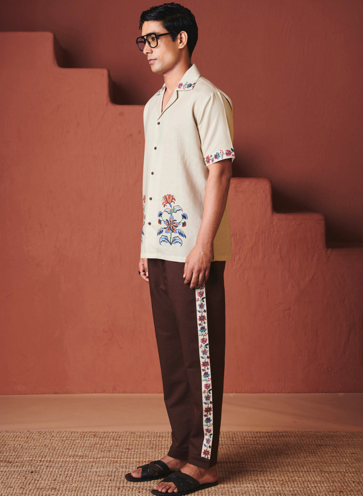 Beige Coffee Camp Collar Shirt Set