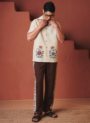 Beige Coffee Camp Collar Shirt Set