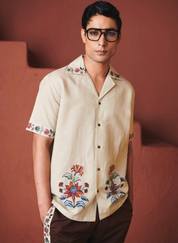 Beige Coffee Camp Collar Shirt Set