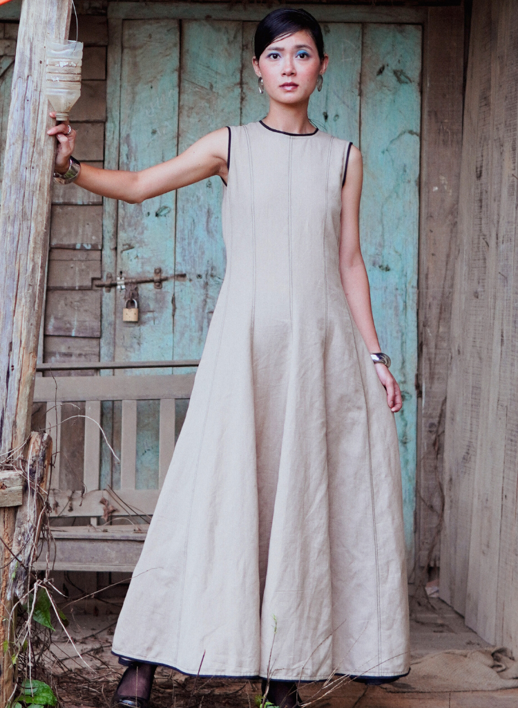 100% Linen Midi Dress in Beige S / Linen / Beige