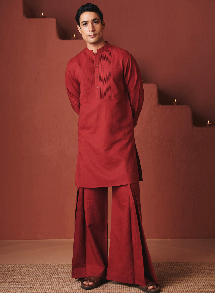 Brick Pleated Yoke Kurta Set