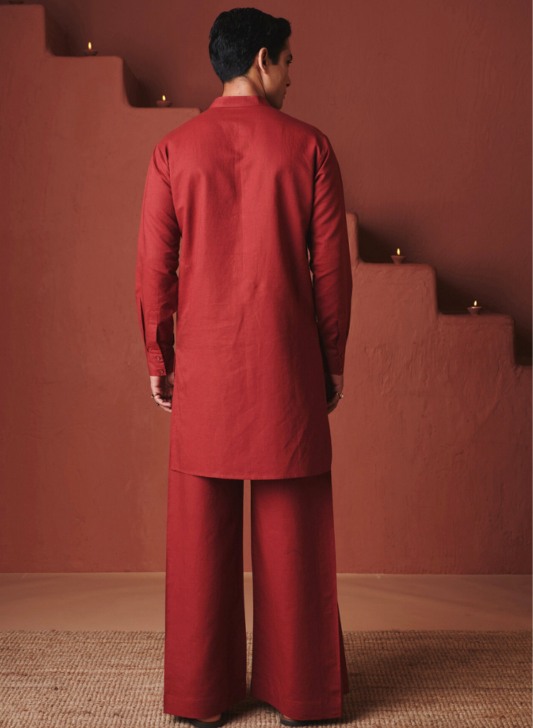 Brick Pleated Yoke Kurta Set