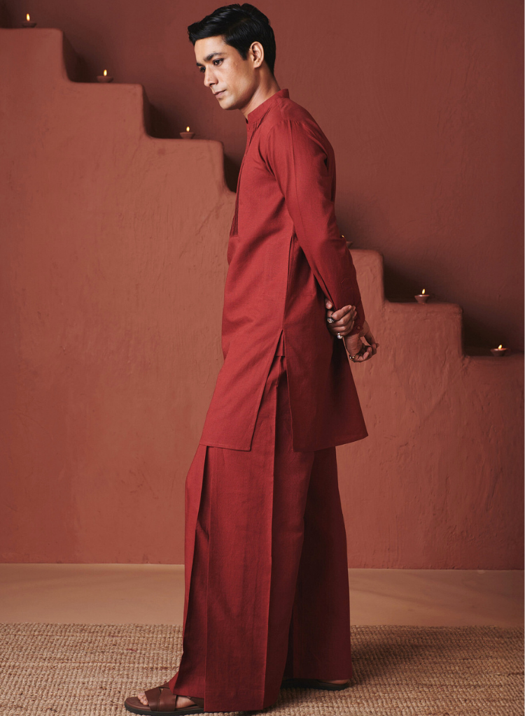 Brick Pleated Yoke Kurta Set