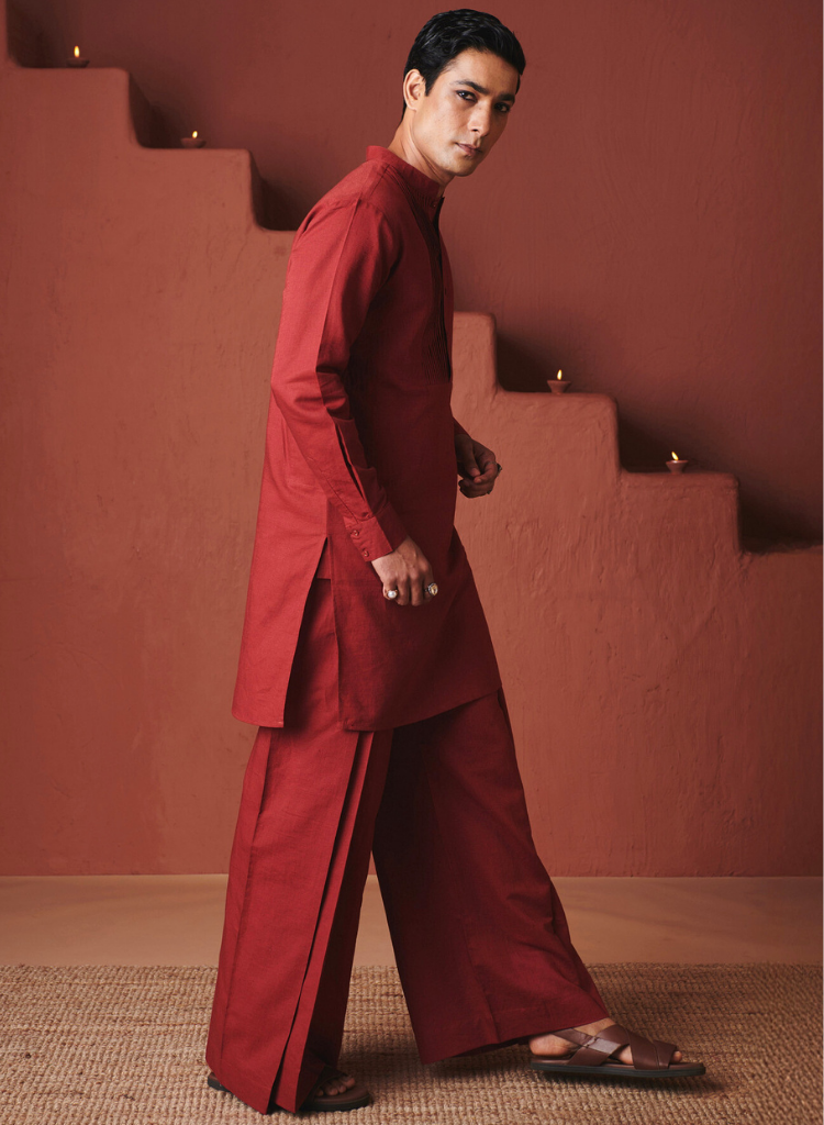 Brick Pleated Yoke Kurta Set