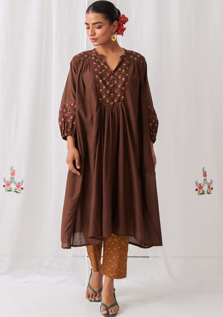 Brown Floral Gathered Kurta Set