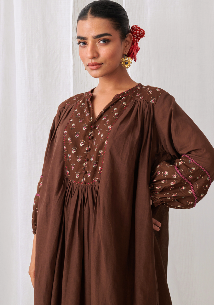 Brown Floral Gathered Kurta Set