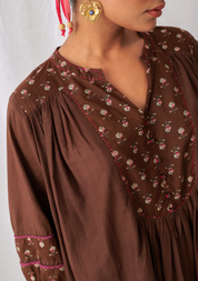 Brown Floral Gathered Kurta Set