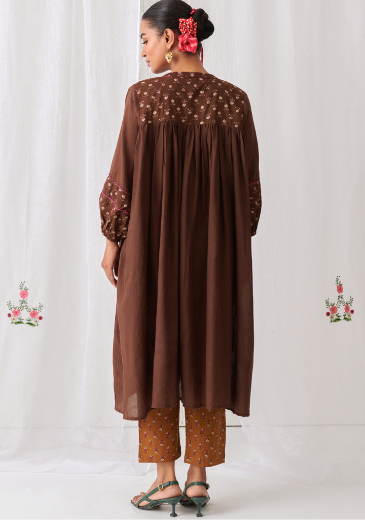 Brown Floral Gathered Kurta Set