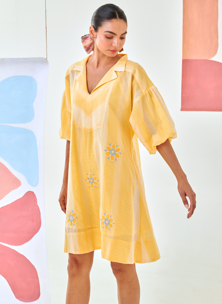 Checkered Floral Emb Dress