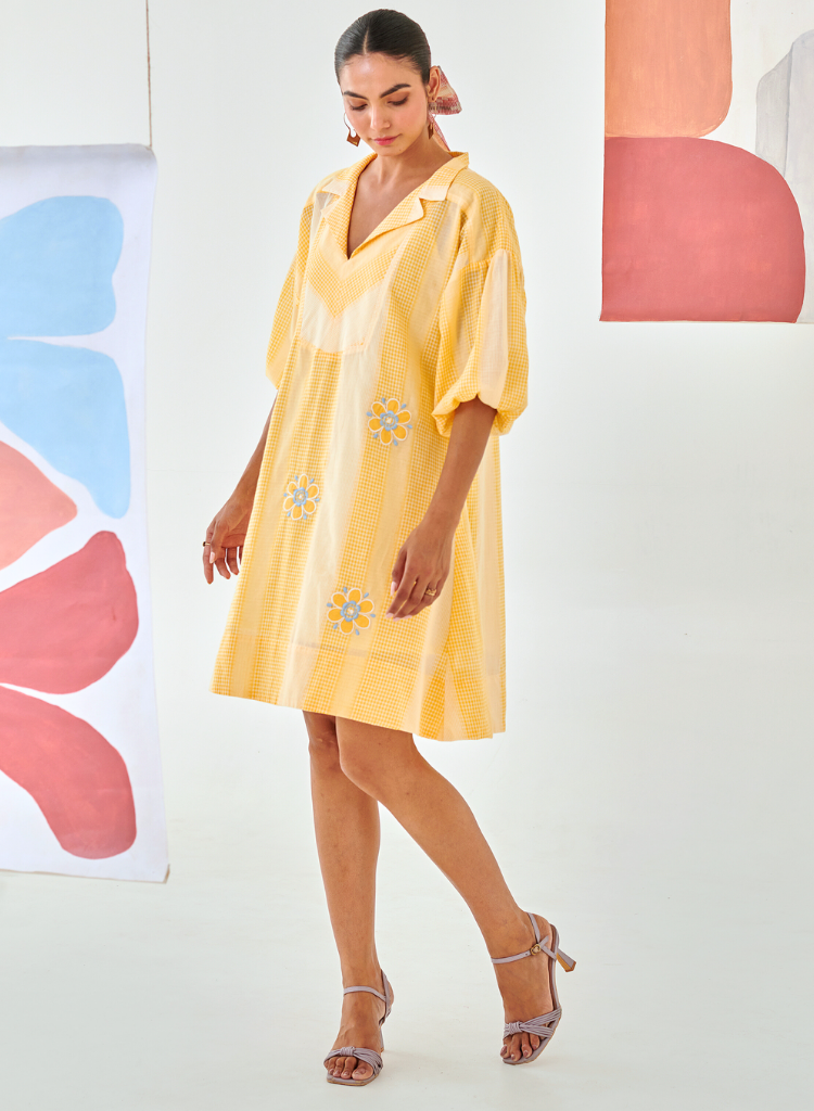 Checkered Floral Emb Dress