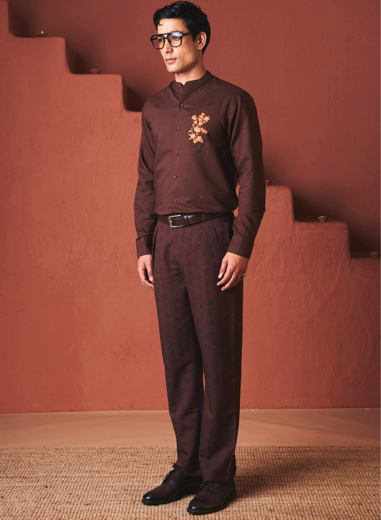 Coffee Band Collar Shirt