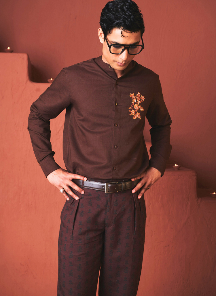 Coffee Band Collar Shirt