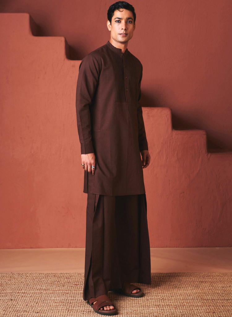 Coffee Pleated Yoke Kurta Set