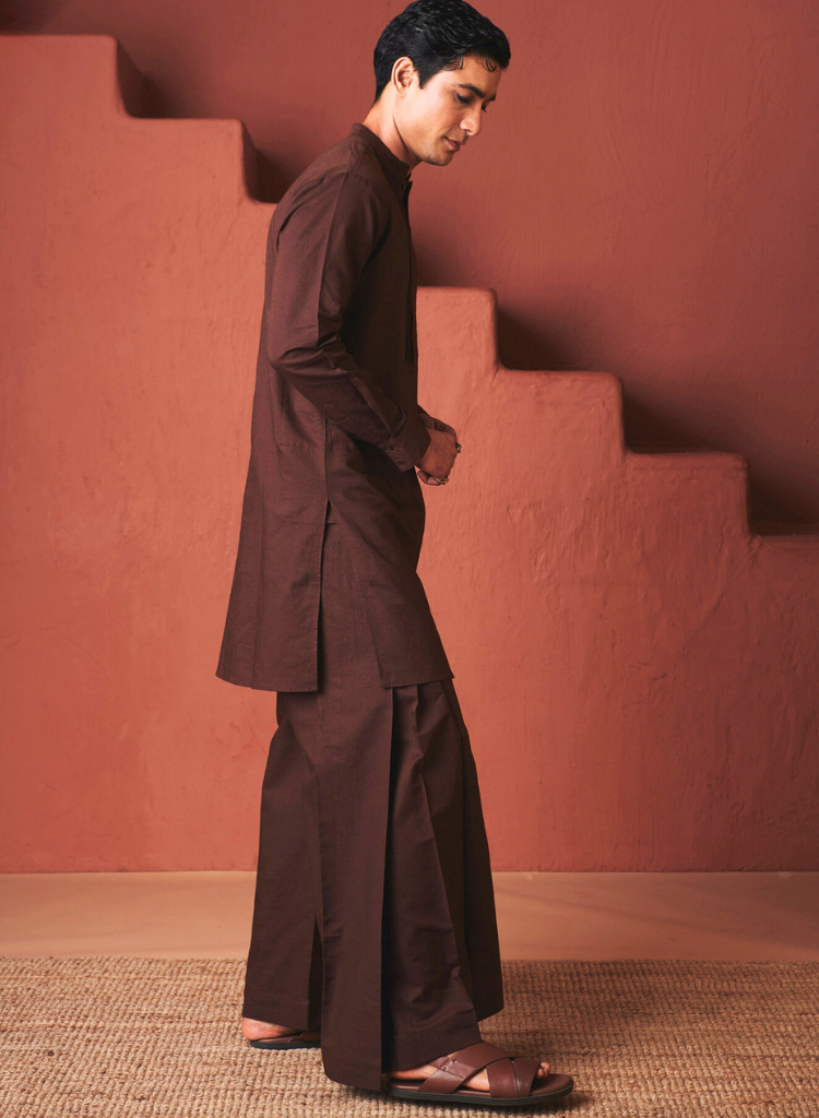 Coffee Pleated Yoke Kurta Set