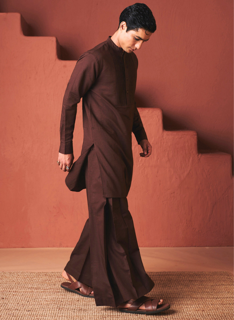 Coffee Pleated Yoke Kurta Set