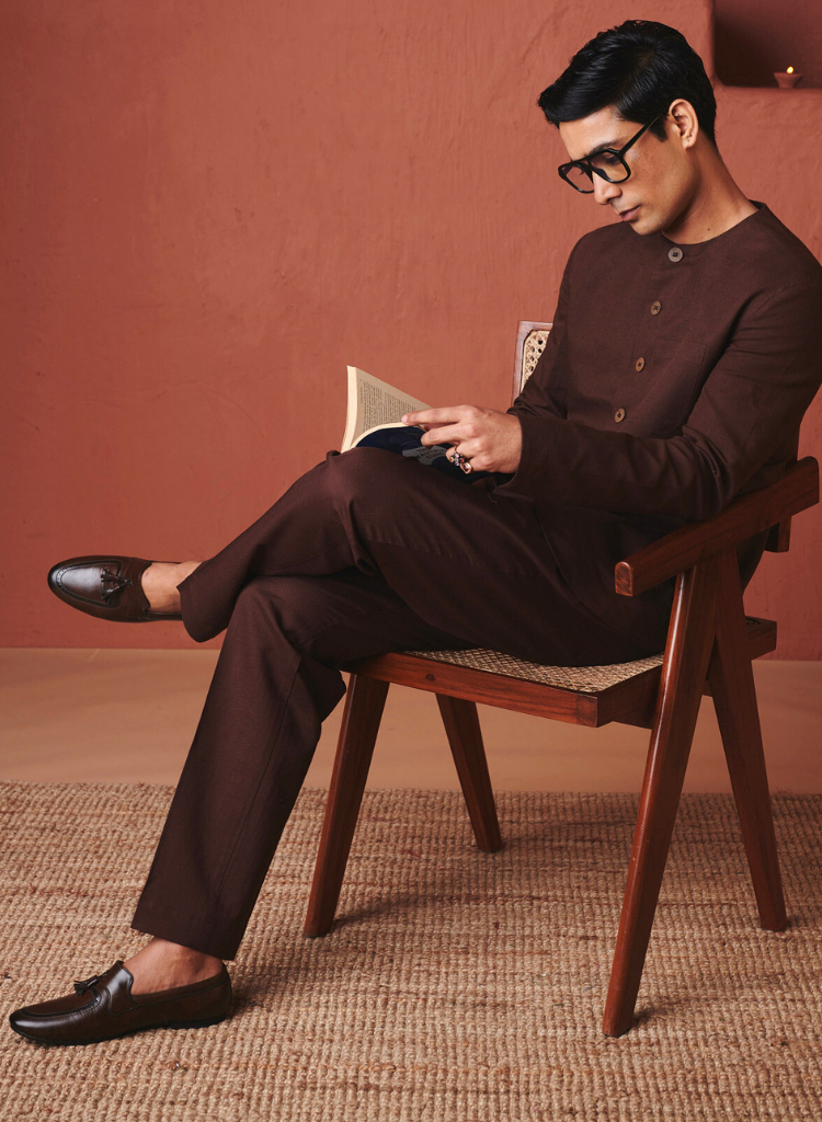 Coffee Round Neck Jacket Set