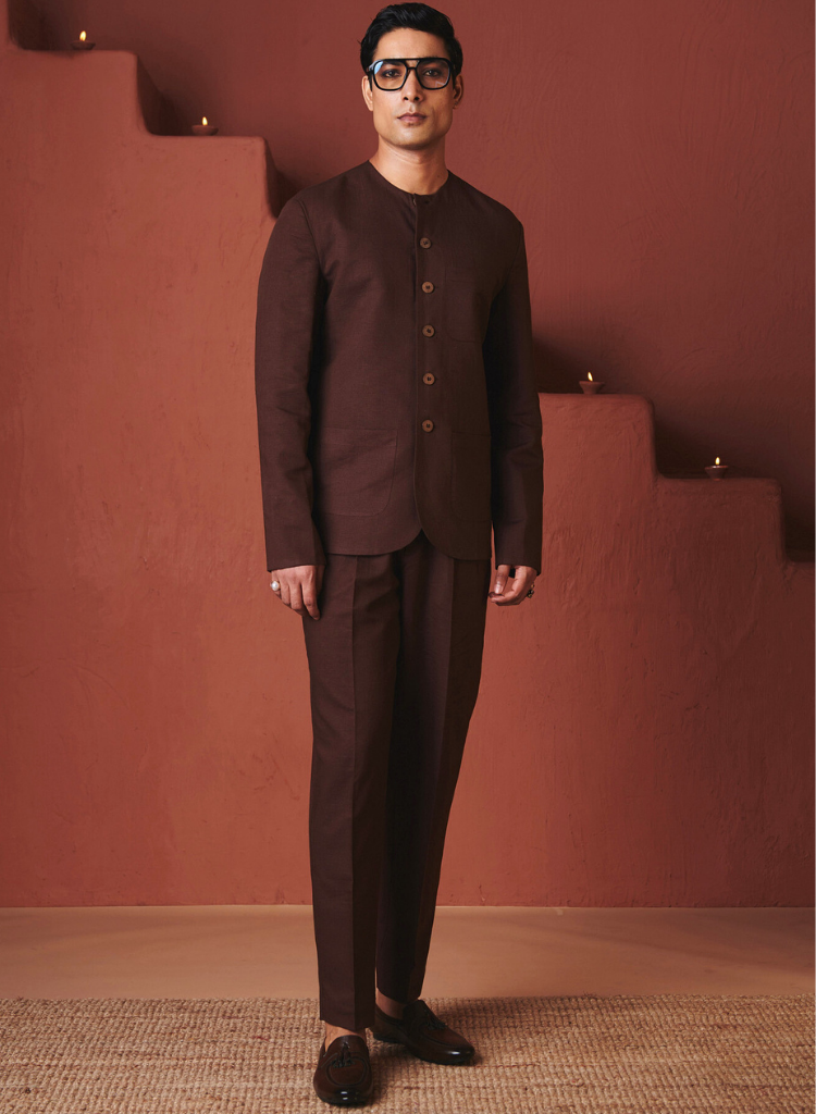 Coffee Round Neck Jacket Set