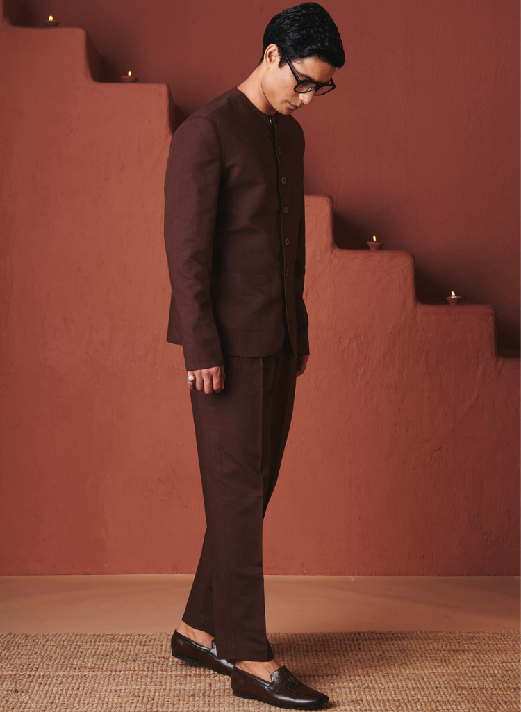 Coffee Round Neck Jacket Set