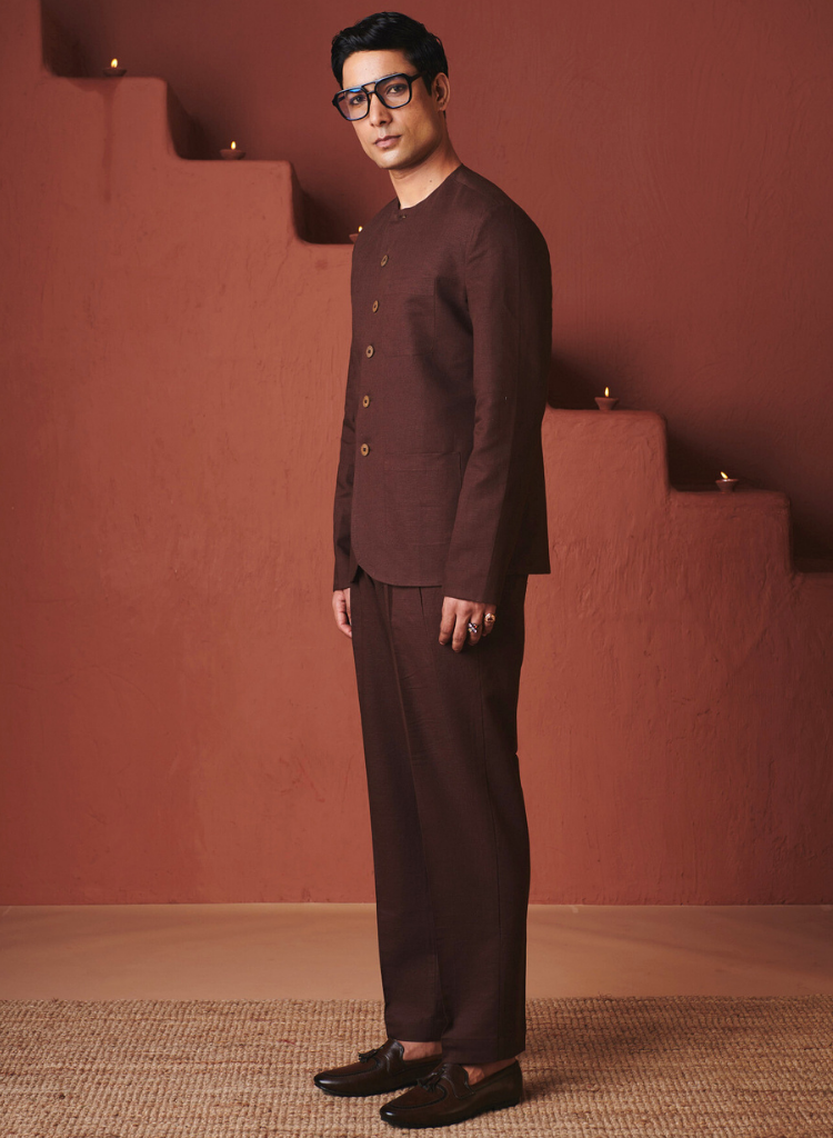 Coffee Round Neck Jacket Set