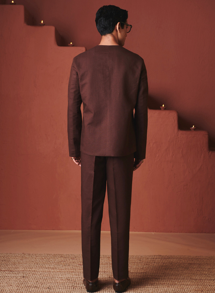 Coffee Round Neck Jacket Set