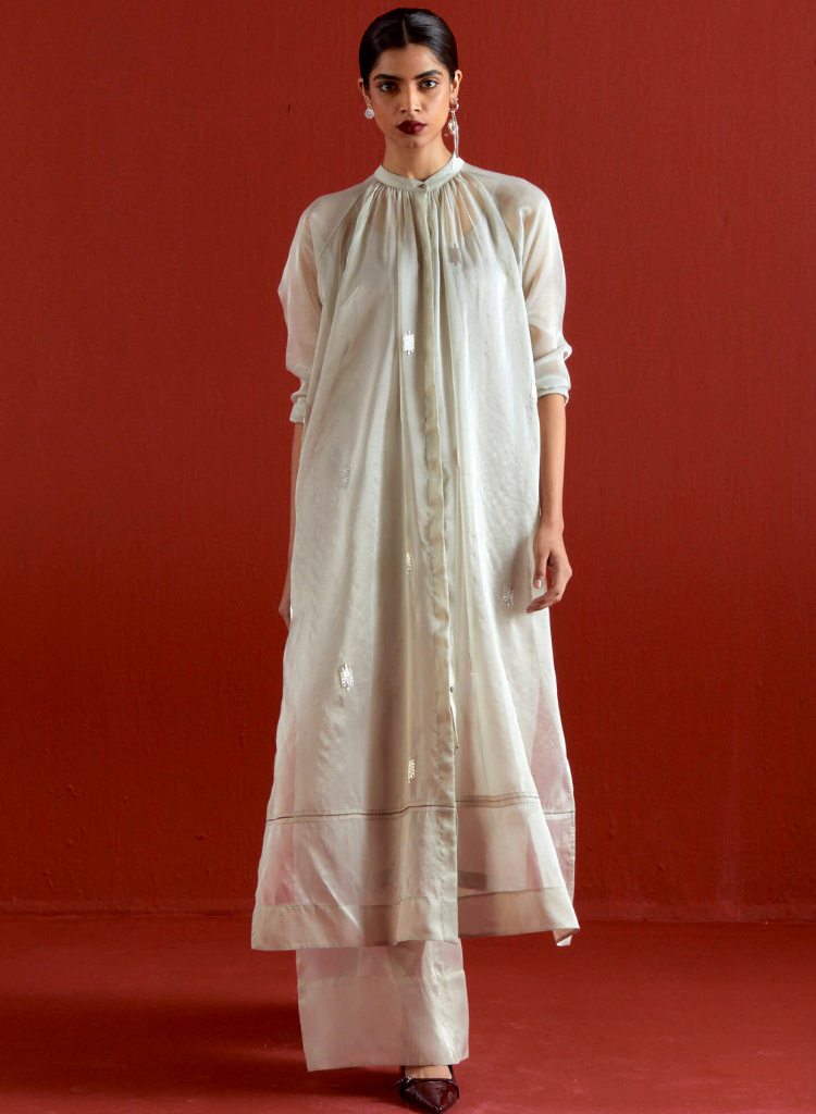 Emb. Gather Neck Shirt Set