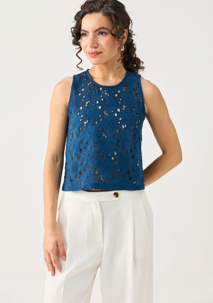 Embroidered Button Back Top