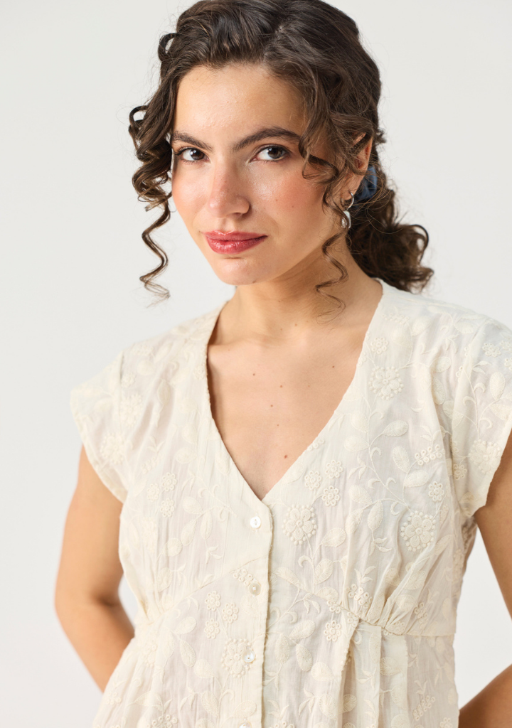 Embroidered Deep V Neck Top