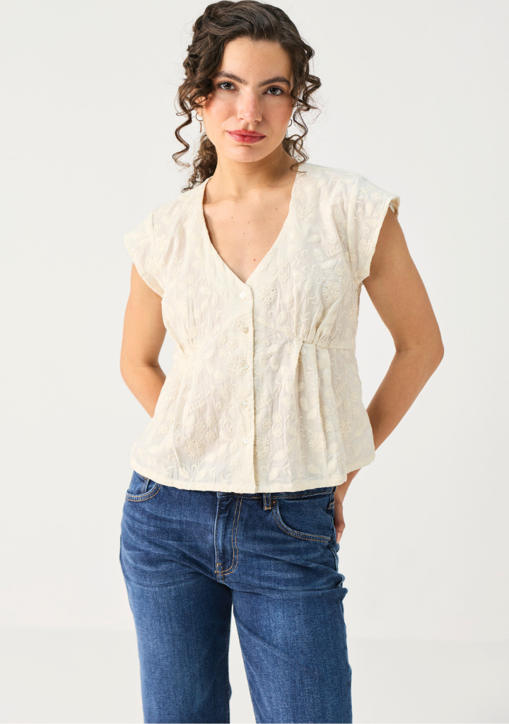 Embroidered Deep V Neck Top