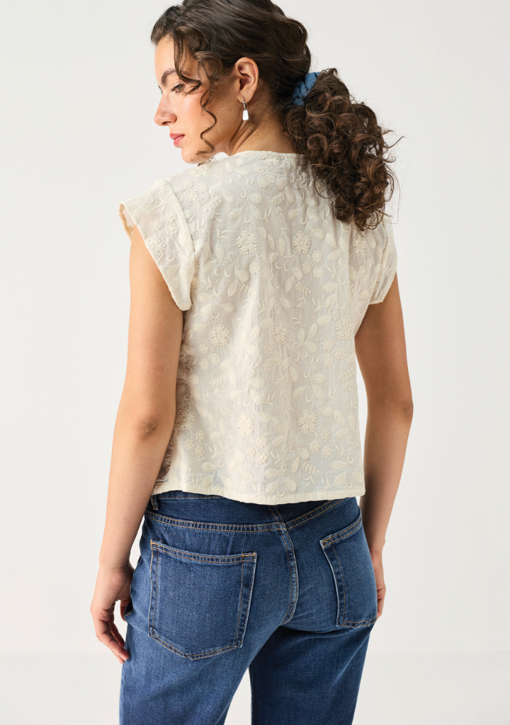 Embroidered Deep V Neck Top