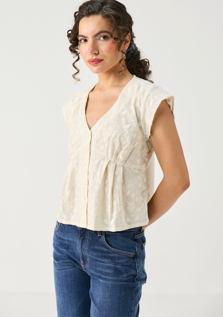 Embroidered Deep V Neck Top