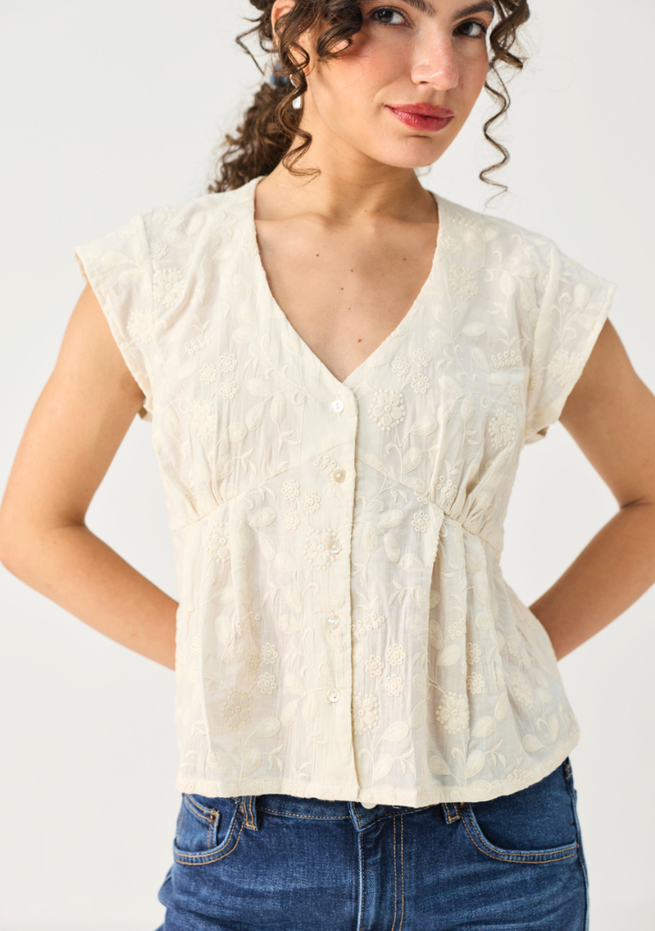 Embroidered Deep V Neck Top