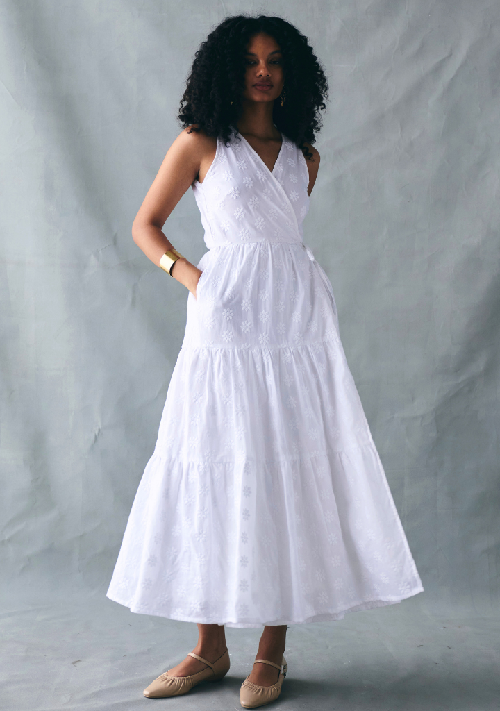 Embroidered Tiered Wrap Dress