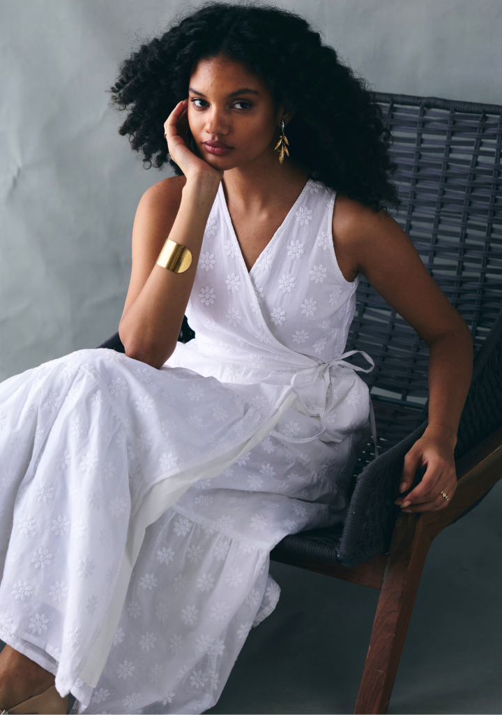 Embroidered Tiered Wrap Dress