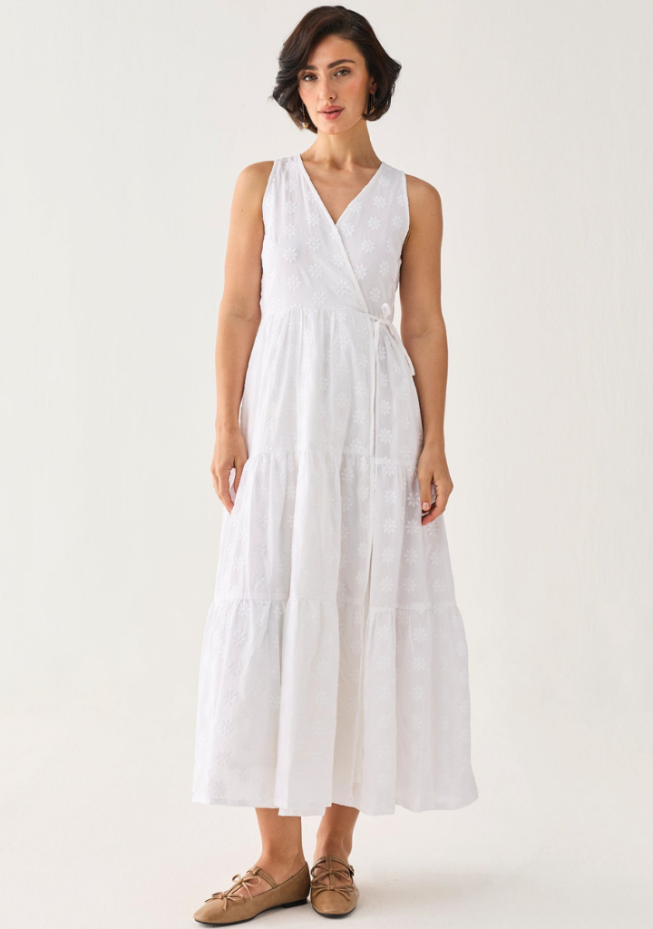 Embroidered Tiered Wrap Dress