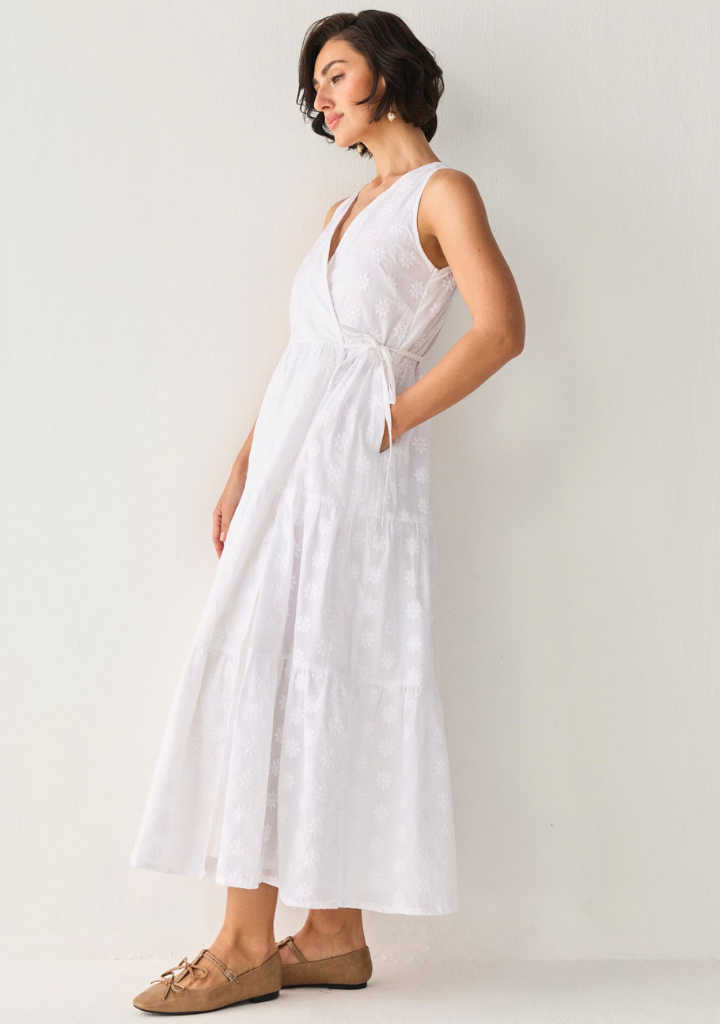 Embroidered Tiered Wrap Dress
