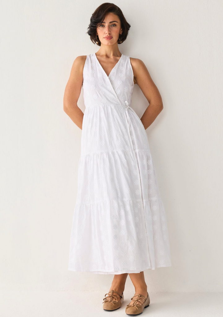 Embroidered Tiered Wrap Dress