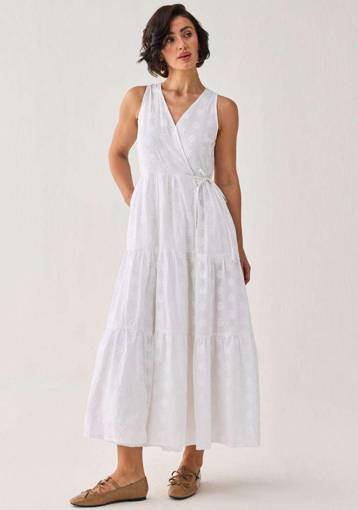Embroidered Tiered Wrap Dress