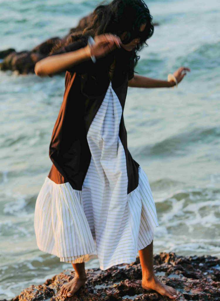 Front Pleat Stripe Dress