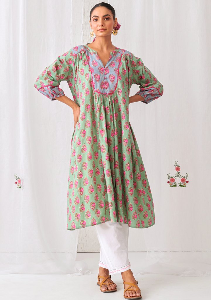 Mint Green Gathered Kurta Set