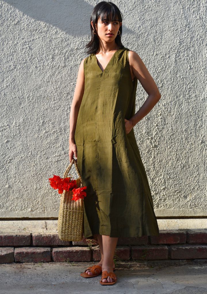 Olive Silk Dress