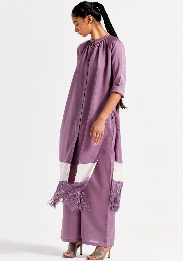 Panel Gather Neck Shirt Set