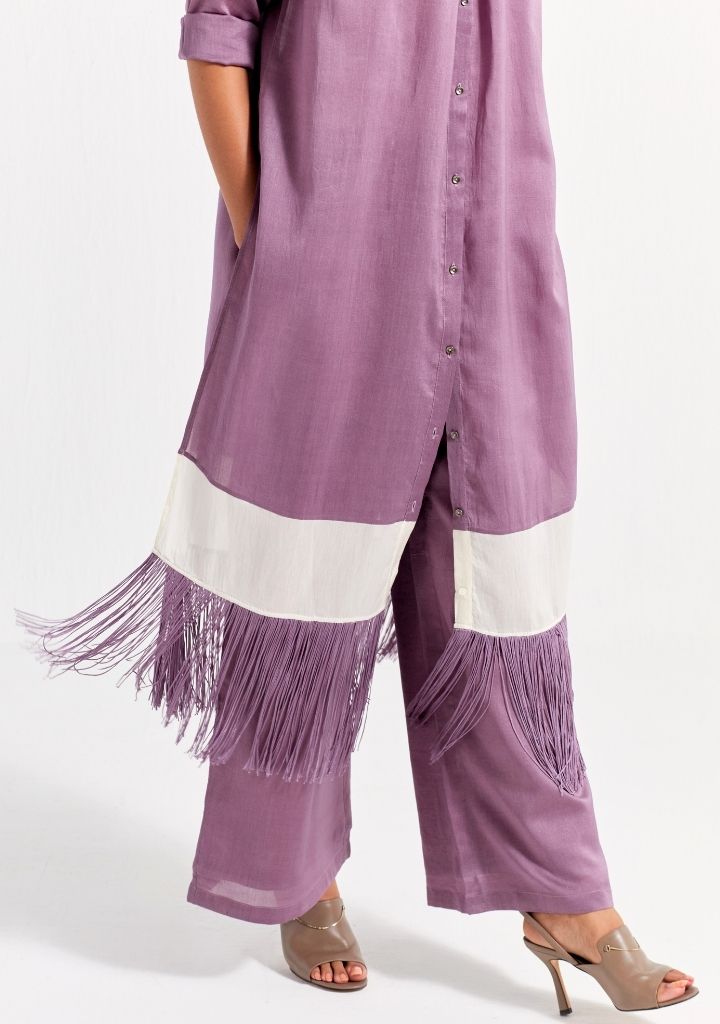 Panel Gather Neck Shirt Set