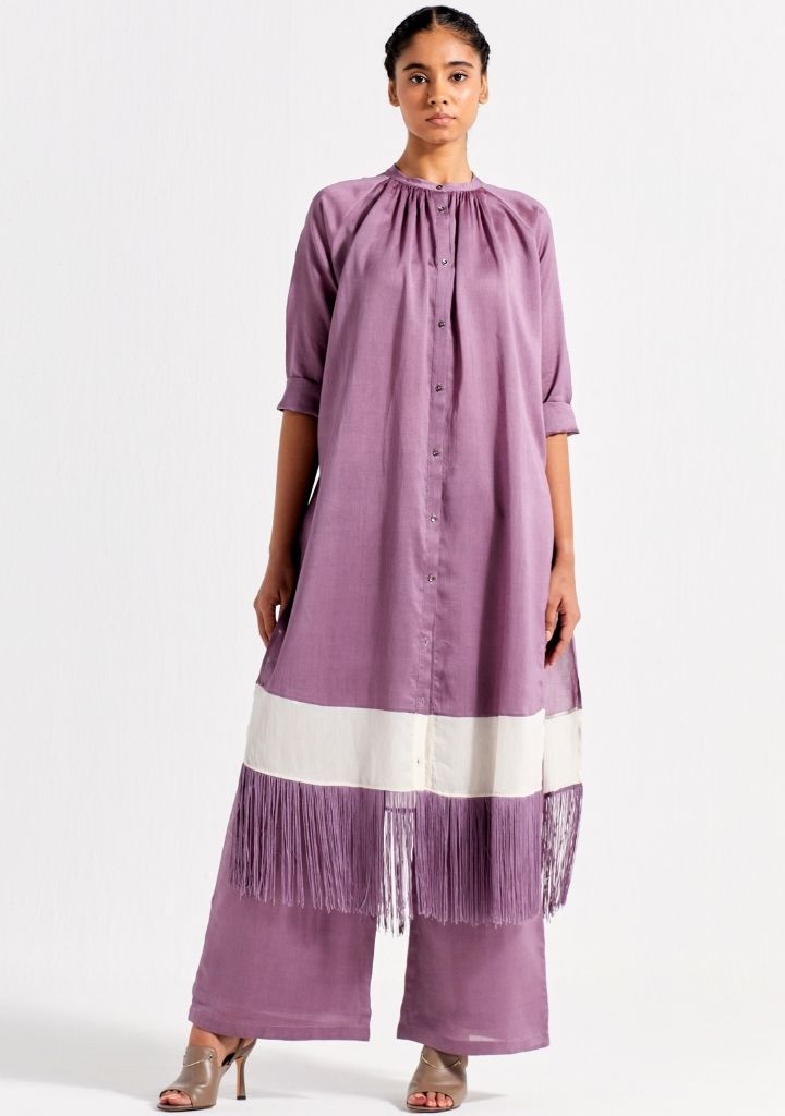 Panel Gather Neck Shirt Set