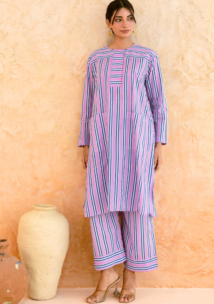 Pink Striped Kurta Set